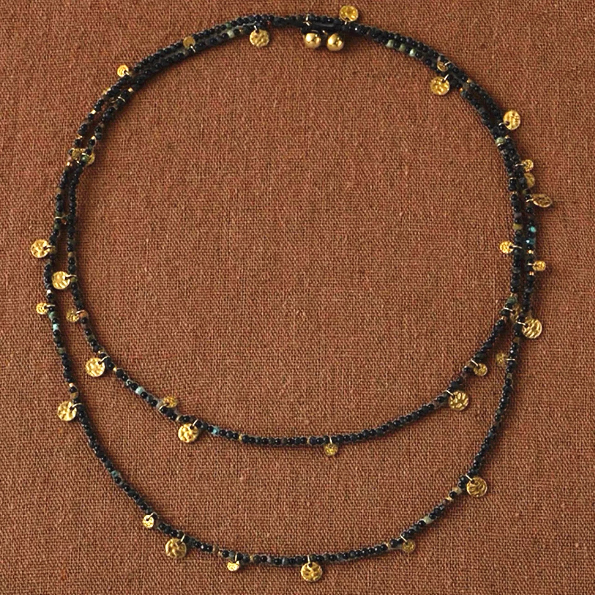 Obsidian Color Gold Flakes Beaded Necklace Vacation Style Original Design Long Multiple Ways to Wear