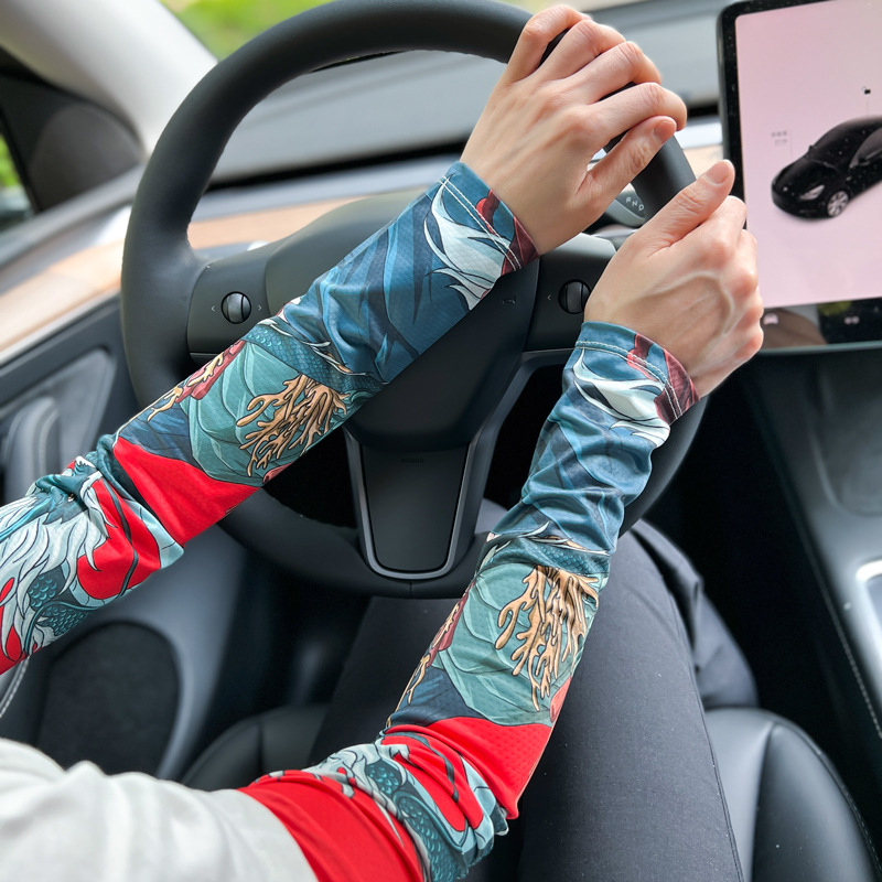 Summer driving riding motorcycle motorcycle fishing sun protection ice silk hand sleeve gloves men and women arm tattoo flower arm