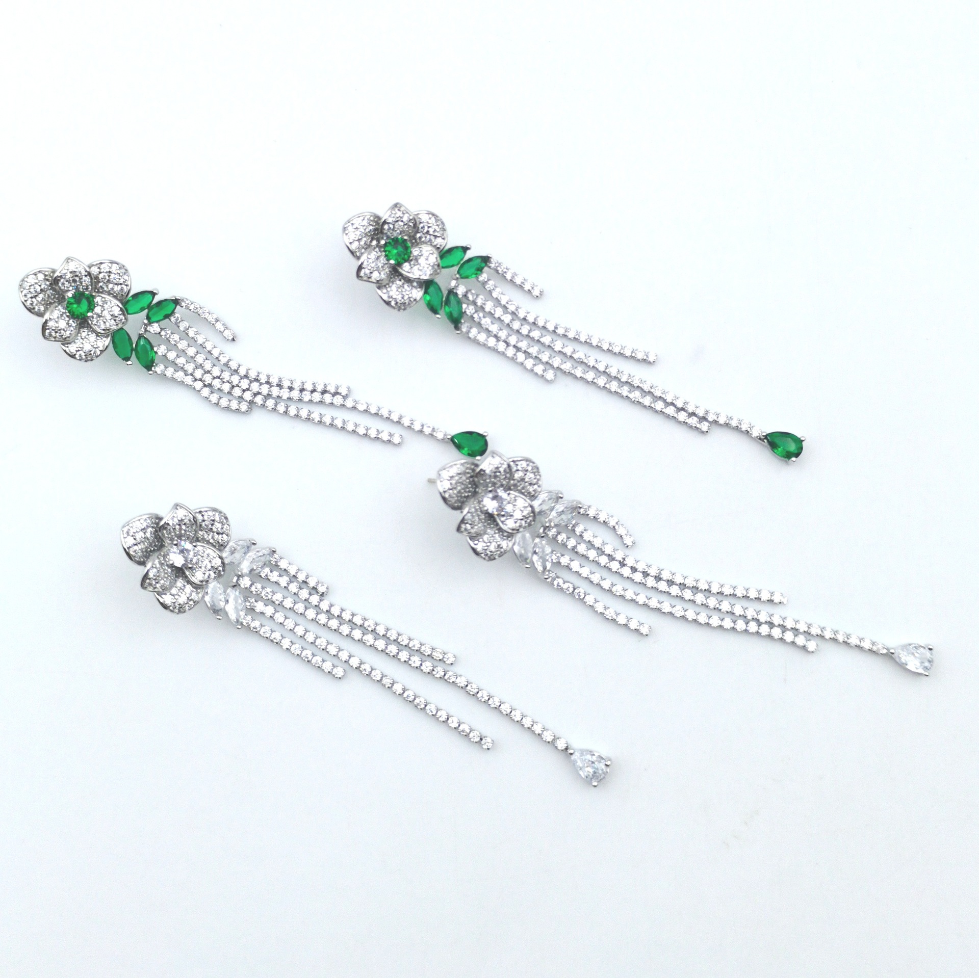 Heavy craft zircon tassel drop earrings S925 silver needle petal stud earrings