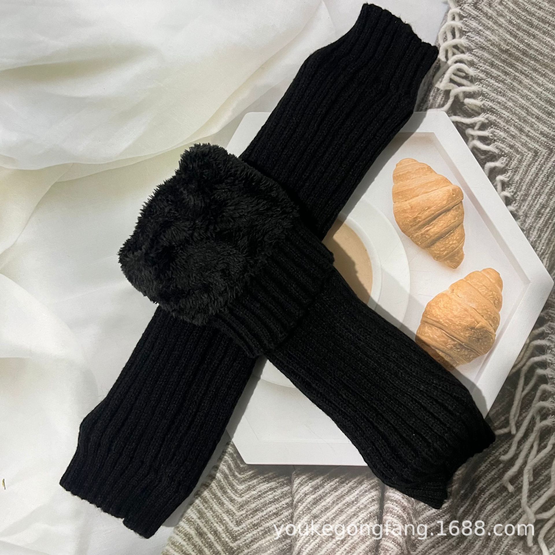 Winter Knit Sock Cuff Fleece Lined Thick Women's Warm Knee Protection Calf Protection Striped Solid Color Stacked Socks Sock