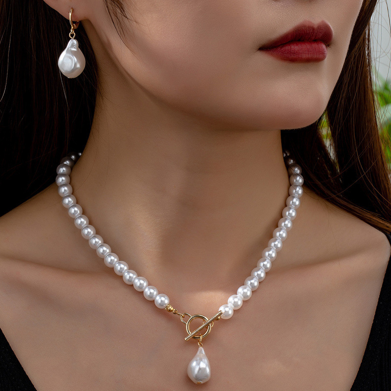 Irregular baroque pearl earring necklace set for women collarbone chain