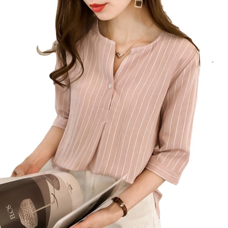 2023 Summer New Plus Size Round Neck Striped Shirt Women Seven-tenths Sleeve Top Loose Casual Blouse