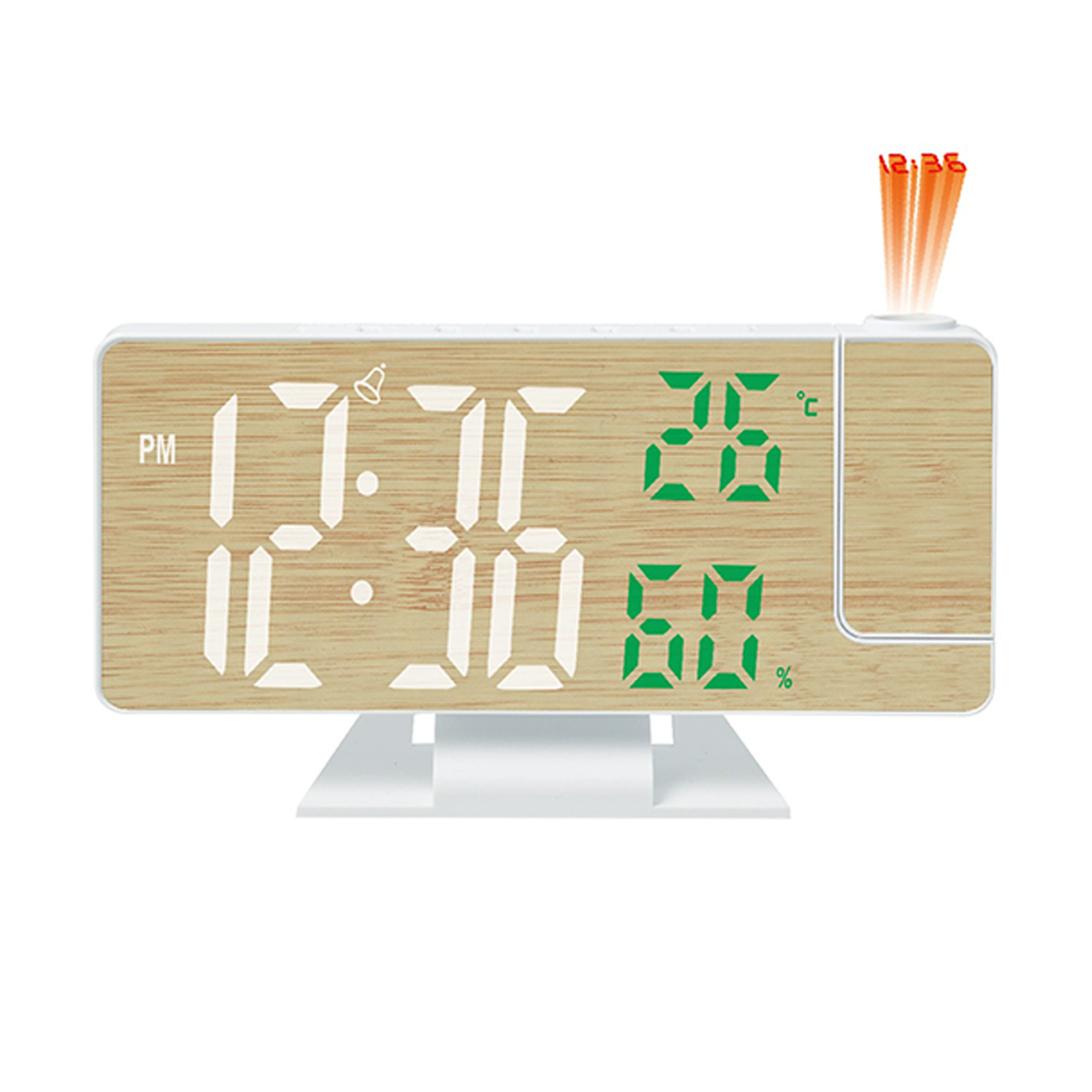 Modern Simple LED Large Screen Projection Clock Desktop Digital Alarm Clock ABS Shell Bamboo Surface Temperature and Humidity Display