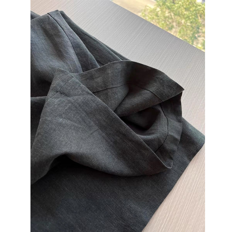 Super Hot! Old Money Relaxed Style~ Charcoal Black Elastic High-Waist Drawstring Linen Cotton-Linen Wide-Leg Pants