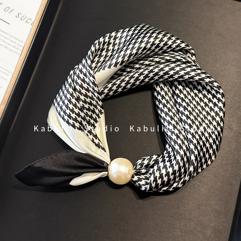 Off-white magnetic buckle pearl necklace, narrow small ears long strip silk scarf for women, neck protection matching shirt thin scarf