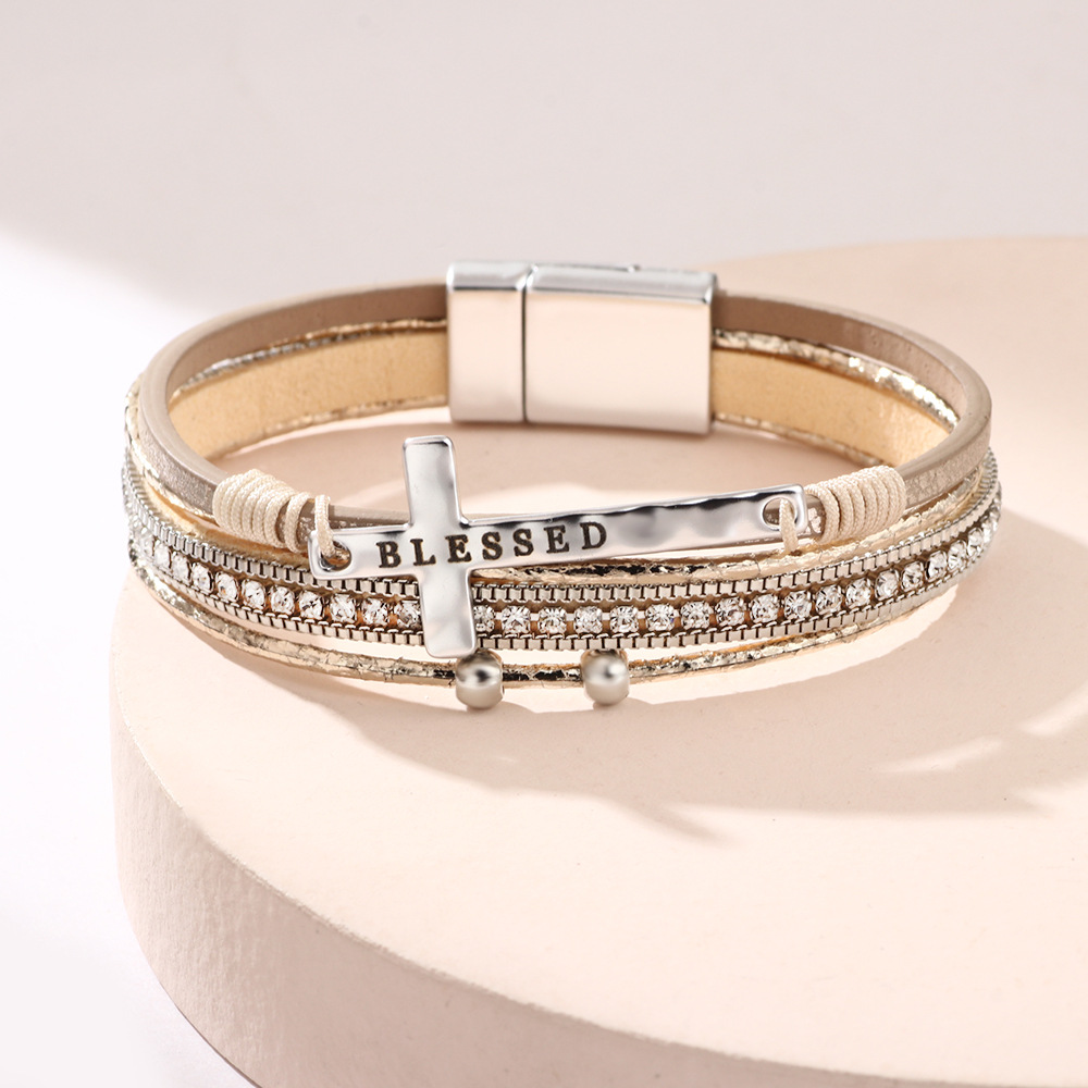 Bohemian Cross Bracelet with Micro Rhinestones Magnetic Buckle PU Leather Bracelet
