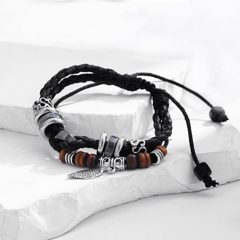 Tree leaf bracelet for men, multi-layer handmade woven leather bracelet simple student couple hand jewelry