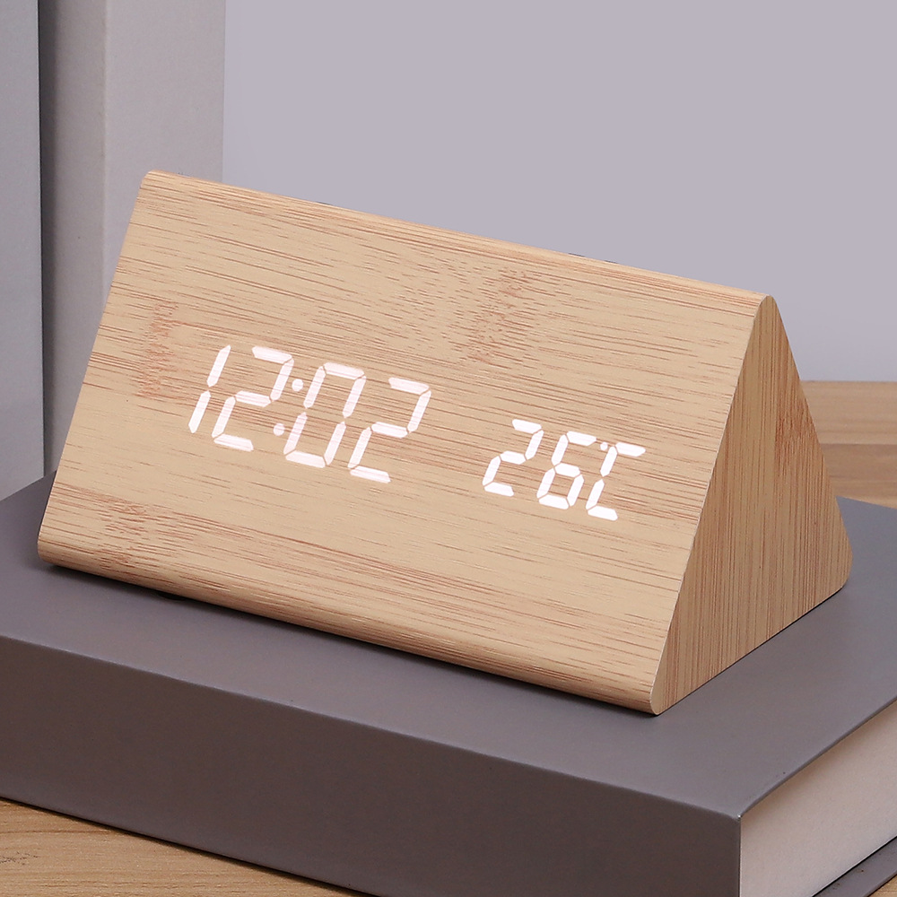 Nordic LED wooden clock, wood grain clock, silent night light living room bedroom bedside digital alarm clock