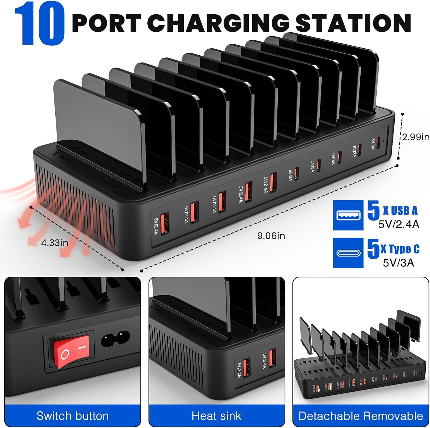 60W Multi-Port USB Desktop Organizer Fast Charger 10-Port with Stand Smart C Port PD QC Fast Charge