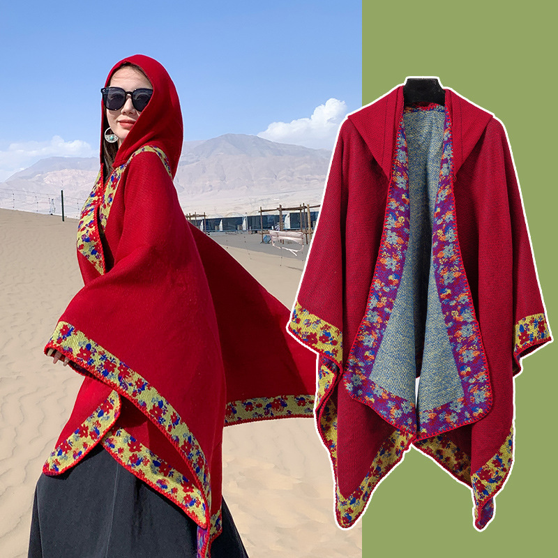 Xinjiang Tibet Travel Photo Ethnic Style Shawl Grassland Hooded Scarf Cape Yunnan Outer Cardigan Cape Women