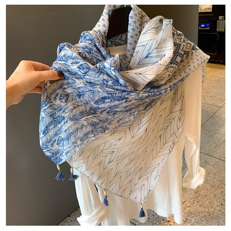 Scarf for women, summer thin gauze scarf, cotton-linen scarf, blue feather tassel beach towel sunscreen shawl