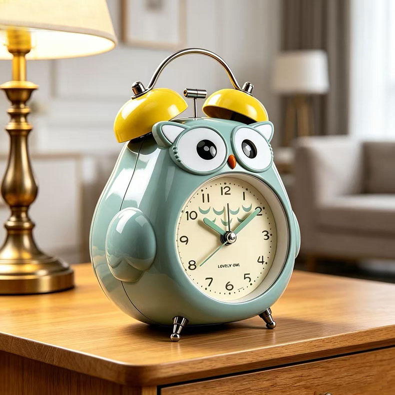 Loud Ring Metal Mini Alarm Clock, Cartoon Student Children's Special, Night Light Silent Bedside Owl