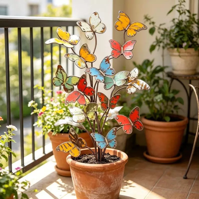 Iron Butterfly Ground Insert Garden Courtyard Decoration Outdoor Potted Plant Lawn Colorful Metal Insert Sign