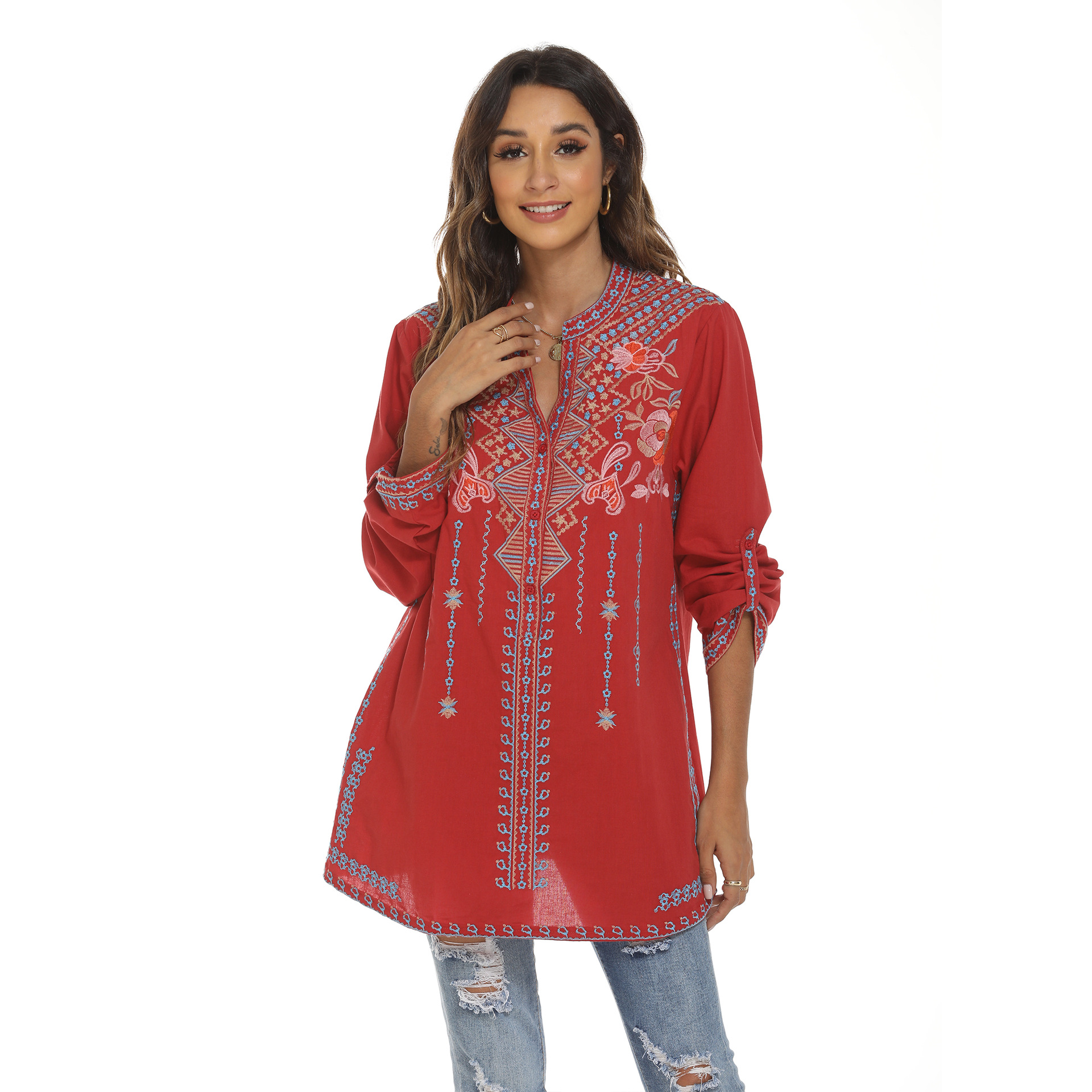 2023 women's long sleeve shirt embroidered overseas mid-length stand collar shirt