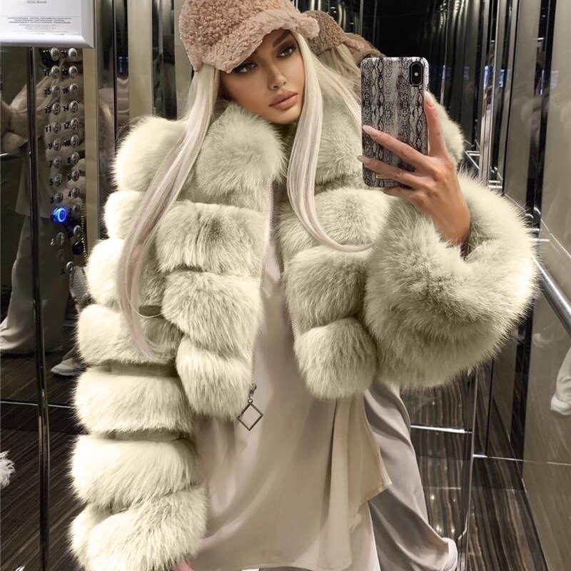 Faux fur jacket short lapel imitation fox fur long sleeve spliced women's