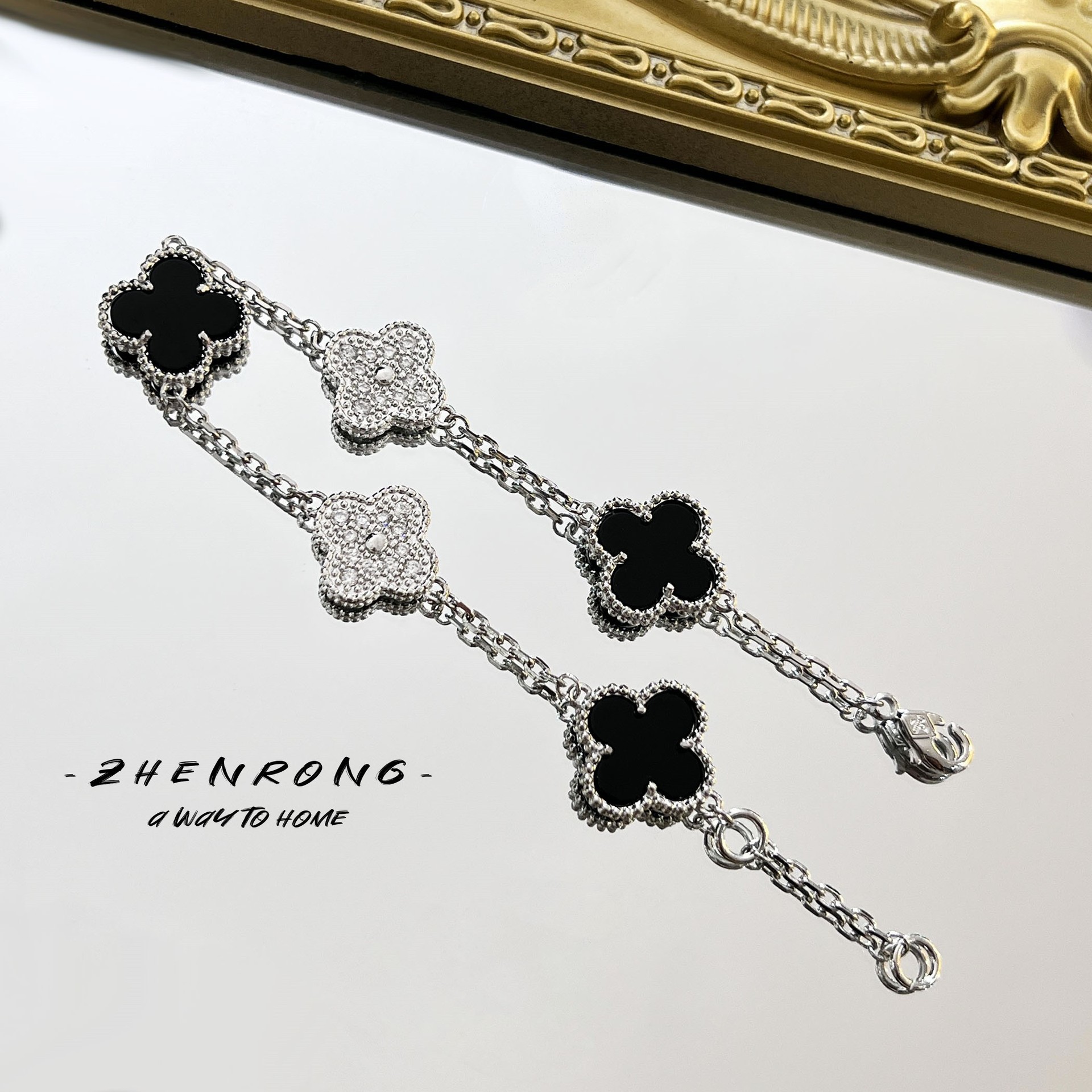 Premium five-flower panda four-leaf clover bracelet niche black agate flower bracelet women