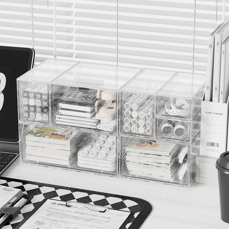 Desktop storage box, drawer type, acrylic transparent for stationery, cosmetics, office organizer