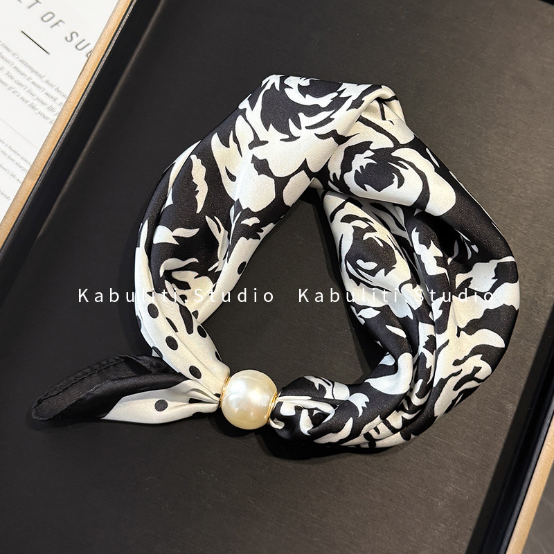 Off-white magnetic buckle pearl necklace, narrow small ears long strip silk scarf for women, neck protection matching shirt thin scarf