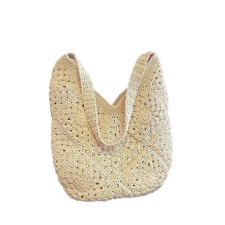 Single Shoulder Cotton Thread Woven Bag Handmade Straw Bag Women's Large Capacity Tote Bag Beach Vacation Beach Bag