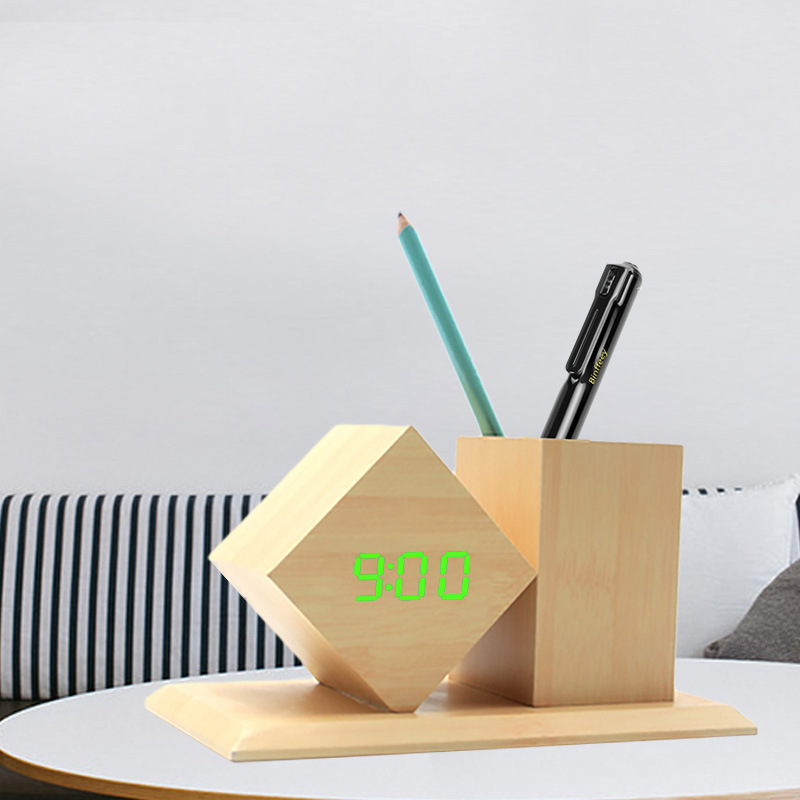 New Wooden Clock LED Smart Alarm Clock Home Office Desktop Pen Holder Wooden Clock Smart Electronic Clock