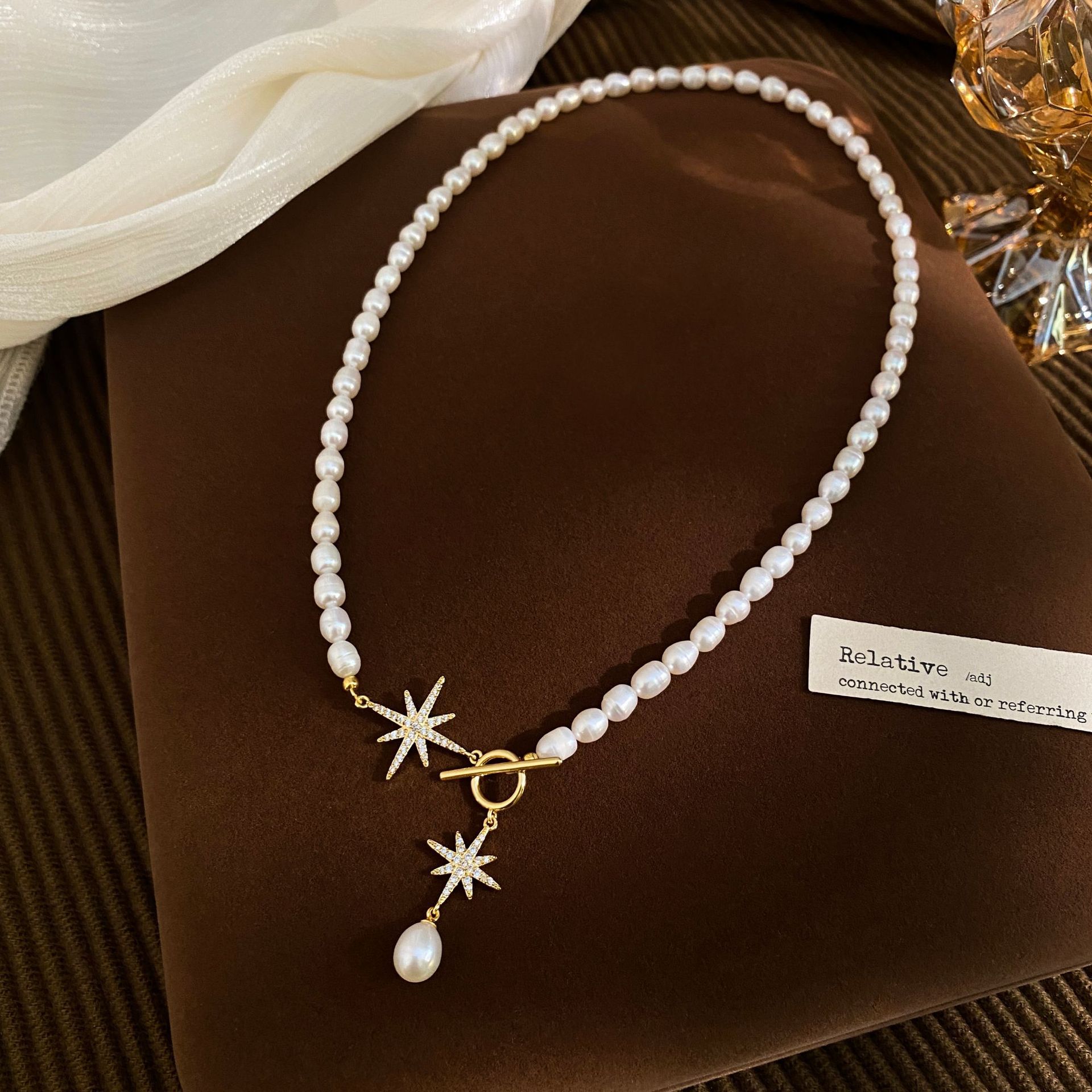 5-6mm natural freshwater pearl necklace with eight-pointed star OT clasp pendant necklace, exquisite sweater chain, collarbone chain