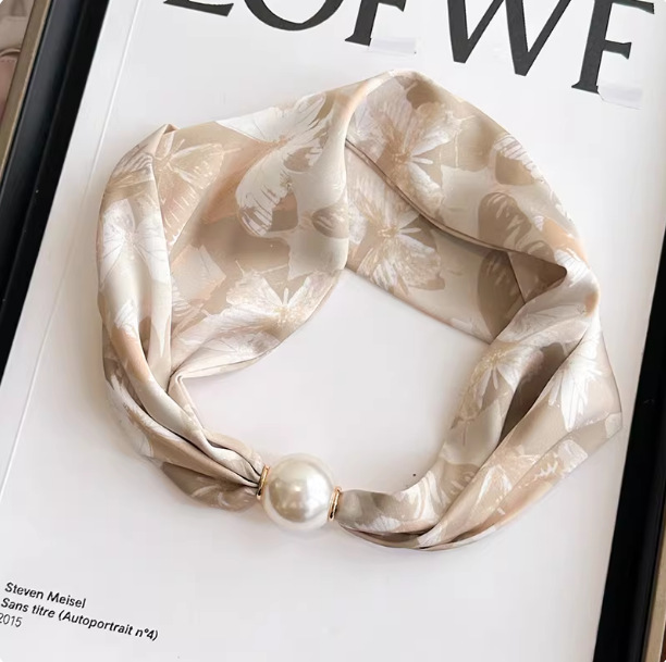 Magnetic buckle pearl necklace small long strip silk scarf women mother neck protection lazy matching shirt thin scarf