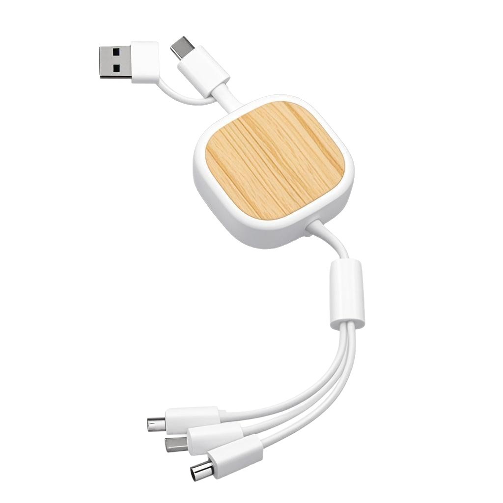 2-in-3 bamboo wood retractable cable multi-functional charging cable eco-friendly wheat straw GRS biodegradable USB cable