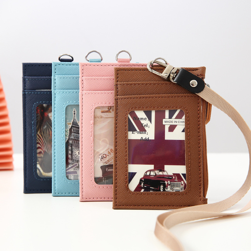 PU leather card holder with lanyard men and women card sleeve neck card holder card case coin purse multi-card slot simple card holder
