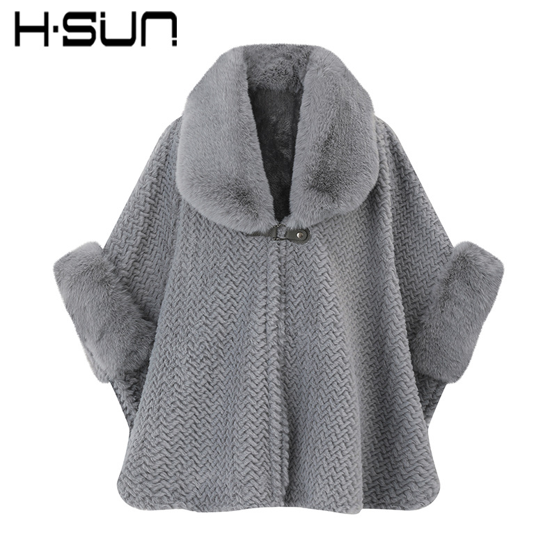 H·sun street thickened knitted plaid shawl winter warm fur collar customizable