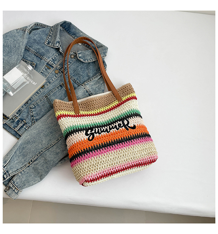2026 new straw woven bag women's large capacity shopping bag striped letter beach bag embroidered handbag
