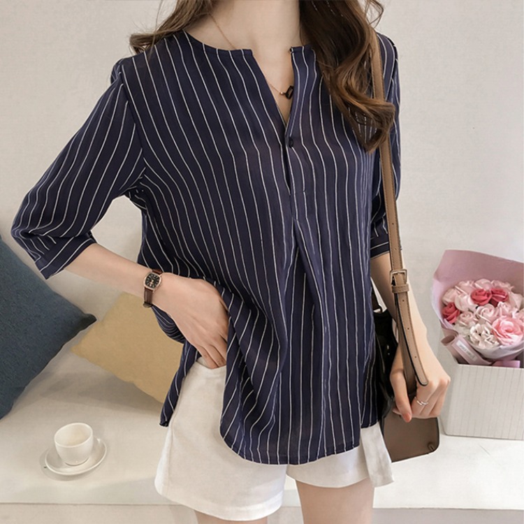 2023 Summer New Plus Size Round Neck Striped Shirt Women Seven-tenths Sleeve Top Loose Casual Blouse