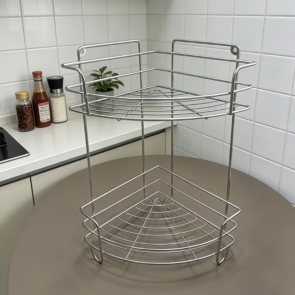 Stainless steel double-layer three-layer storage rack, kitchen bathroom countertop corner rack, seasoning storage rack, triangular wall-mounted rack