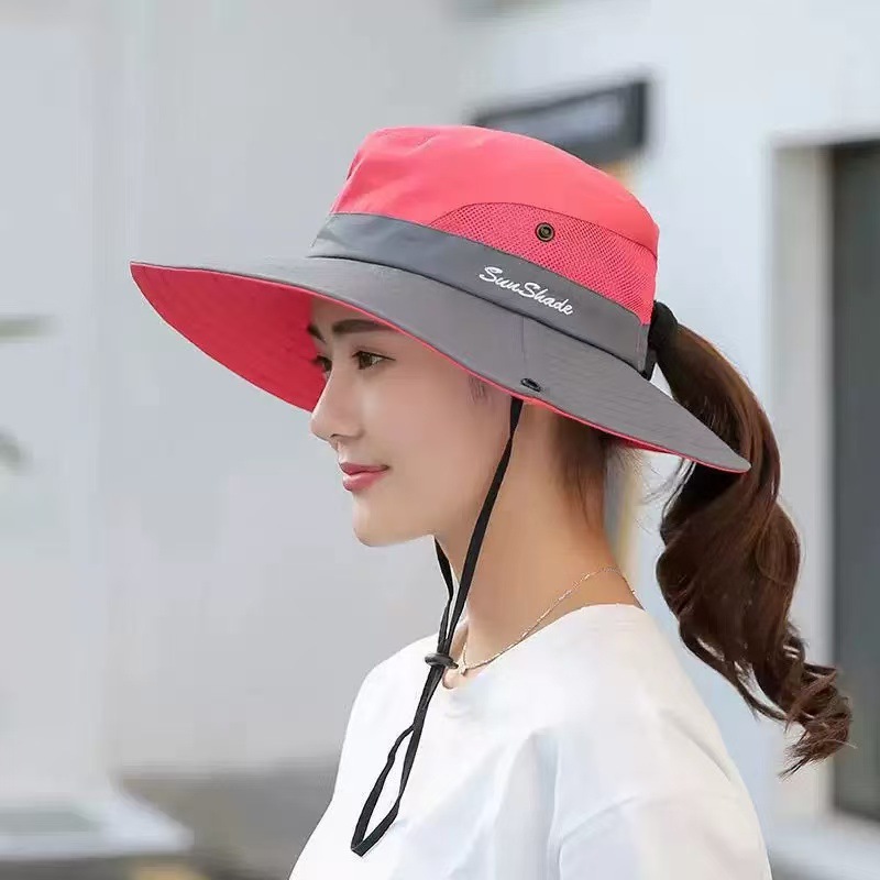 Summer New Outdoor Quick-Dry Hiking Hat for Women, Drawstring Sun Protection Fisherman Hat, Denim Hat, Face Slimming, Embroidered Basin Hat