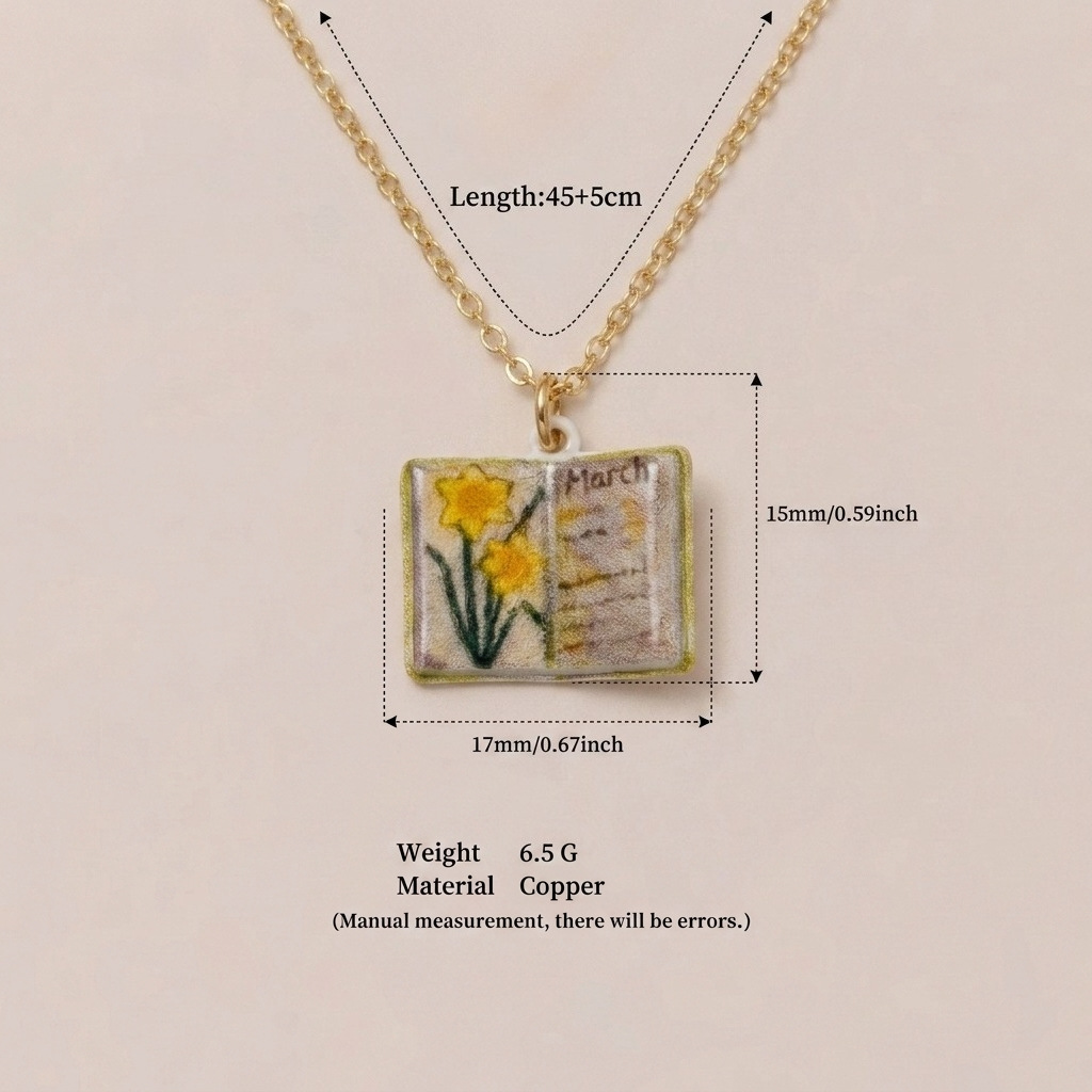 New December imitation porcelain book necklace, exquisite and compact copper-plated