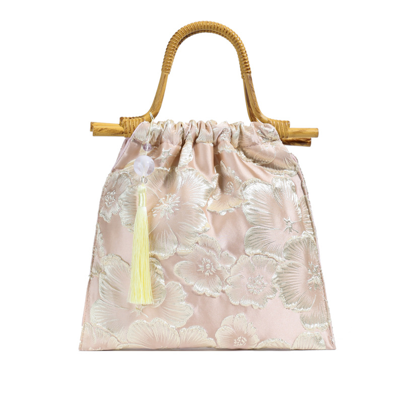 New Linen Bamboo Knot Handle Bag 2024 New Women's Bag Embroidery Sequins Women's Handbag Evening Bag