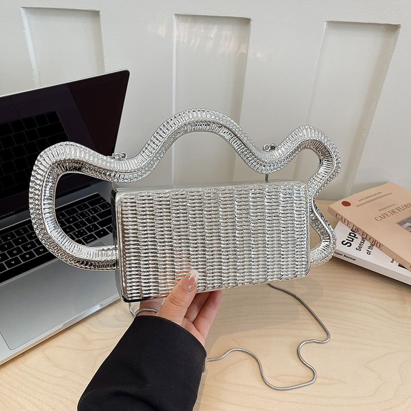 Wave Handle Evening Bag Metal Woven Small Square Bag Banquet Handbag