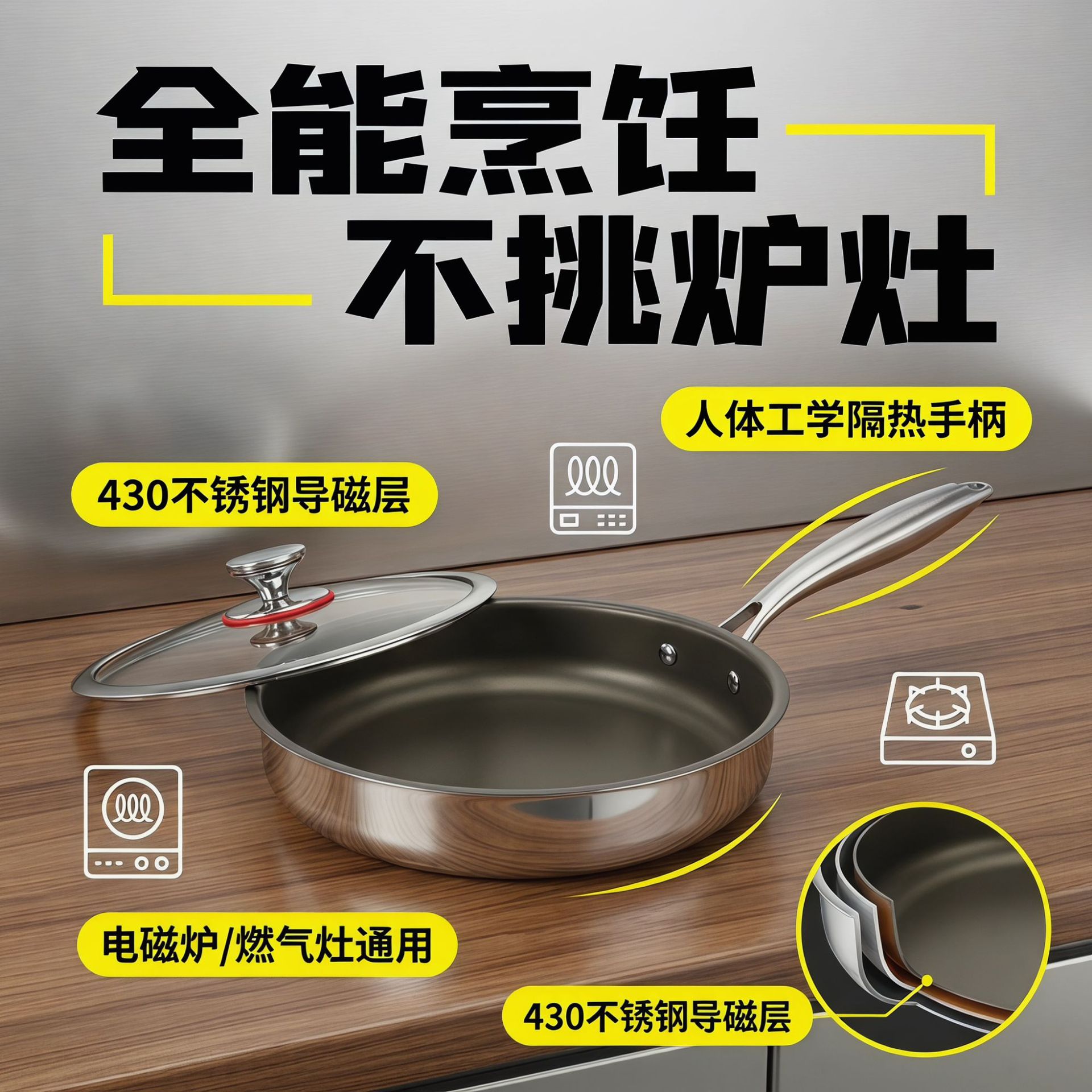 Flat bottom pan non-stick pan titanium non-stick pan steak wok non-stick pan household induction cooker gas stove universal pan