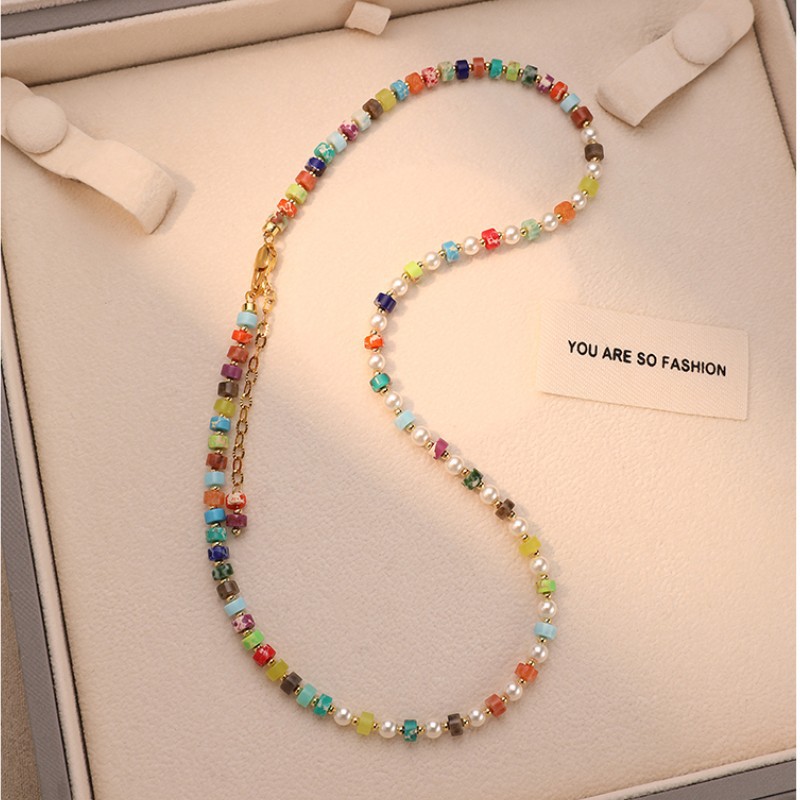 Dopamine rainbow pearl necklace, neck chain, natural stone colorful bead necklace, collarbone chain, summer necklace accessory for women