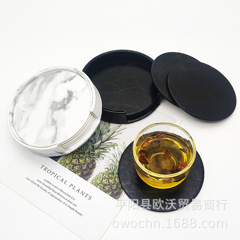 PU round leather tea set 10cm heat insulation pad leather coaster can print LOGO coaster