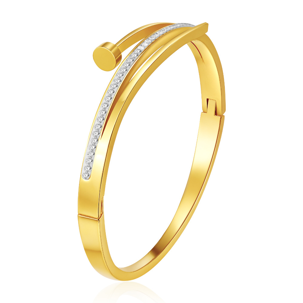 Round stainless steel snap bracelet, PVD 18K electroplated with rhinestones, for women, titanium steel bracelet ear accessories