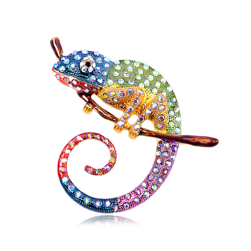 New Rhinestone Colorful Chameleon Brooch Oil Painting Animal Rhinestone Lizard Pin Corsage Accessory