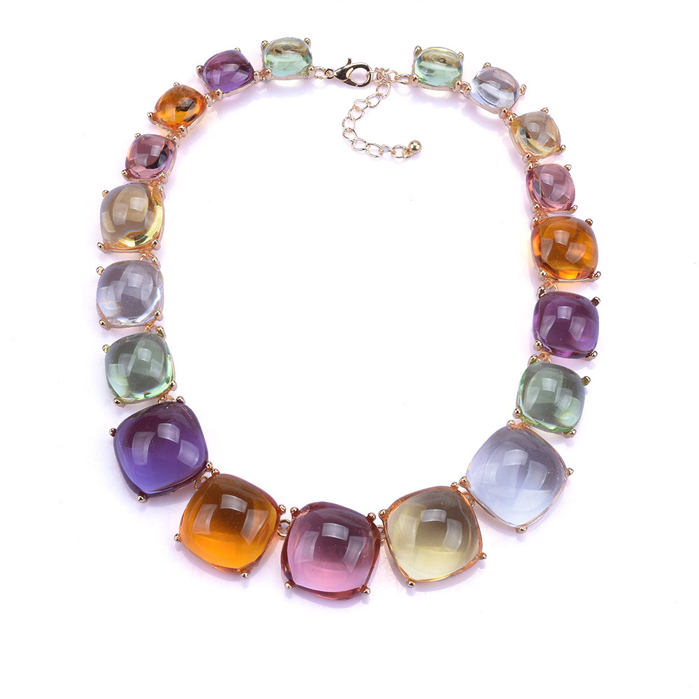 ZA geometric transparent colored resin necklace earring set collarbone chain