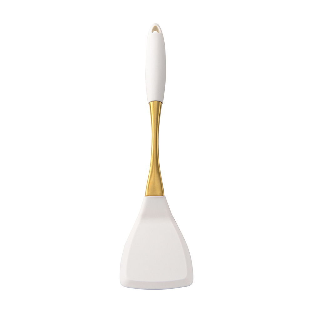 304 Stainless Steel Gold Plated Handle Silicone Cooking Kitchenware Silent Spatula Soup Spoon 8-Piece Set