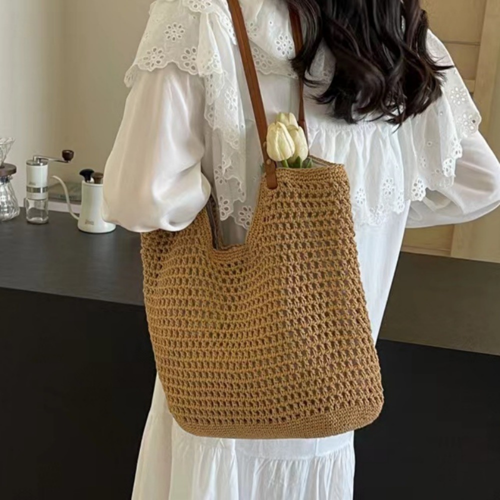 Cotton Thread Straw Bag Women's New Handwoven Large Capacity Single Shoulder Tote Bag Vacation Beach Bag