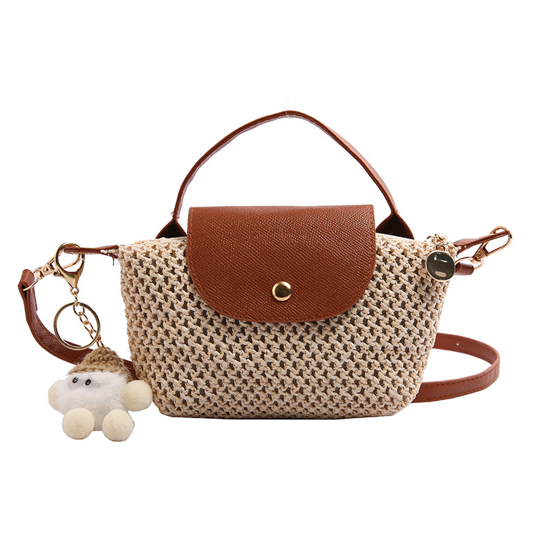 Summer Woven Bag with Lid, Patchwork Mini Straw Bag, Beach Vacation Pom-Pom Shoulder Bag