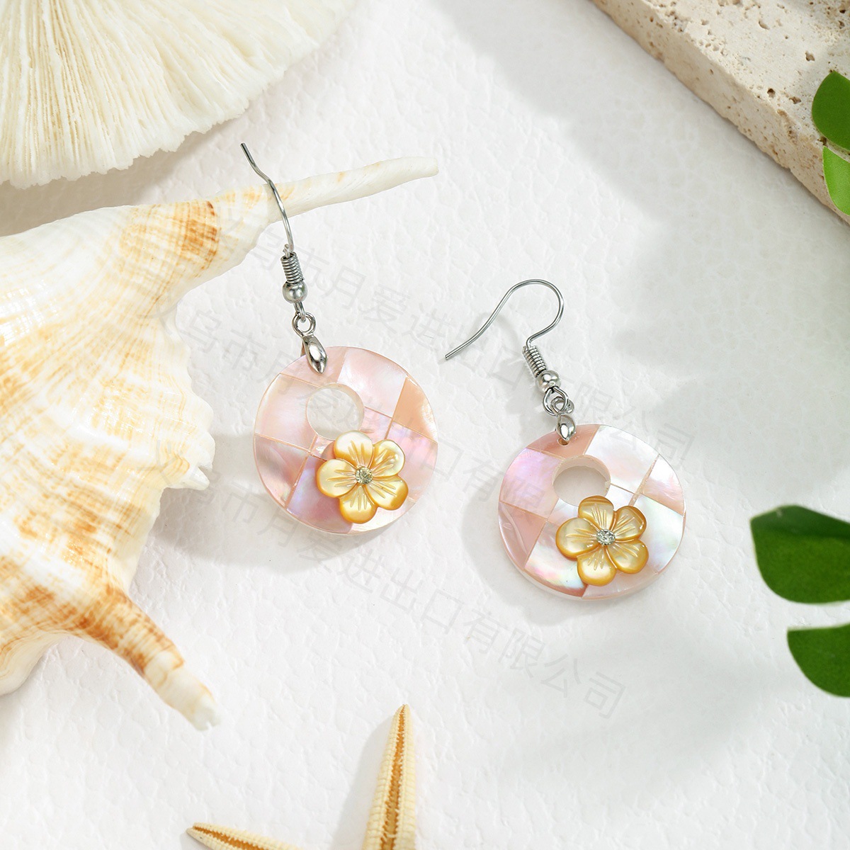 Simple Round Geometric Natural Abalone Shell Diamond Flower Earrings