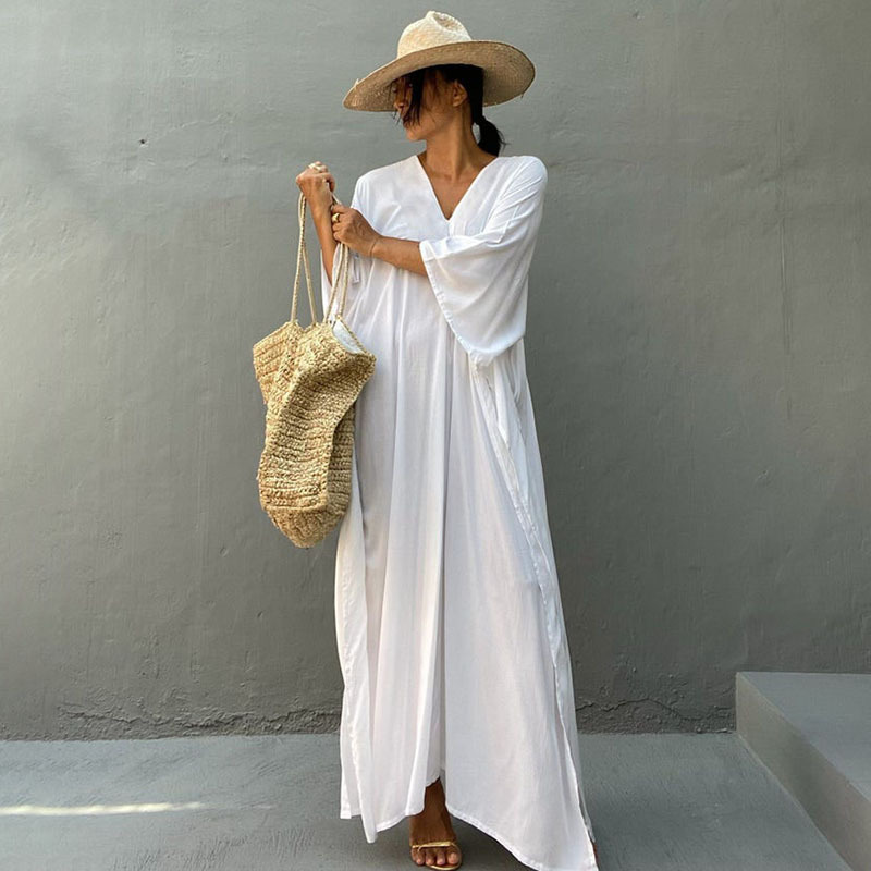 New Rayon Solid Color Cover Up Seaside Vacation Long Dress Loose Cover Up Bikini Swimsuit Long Dress Outer Women