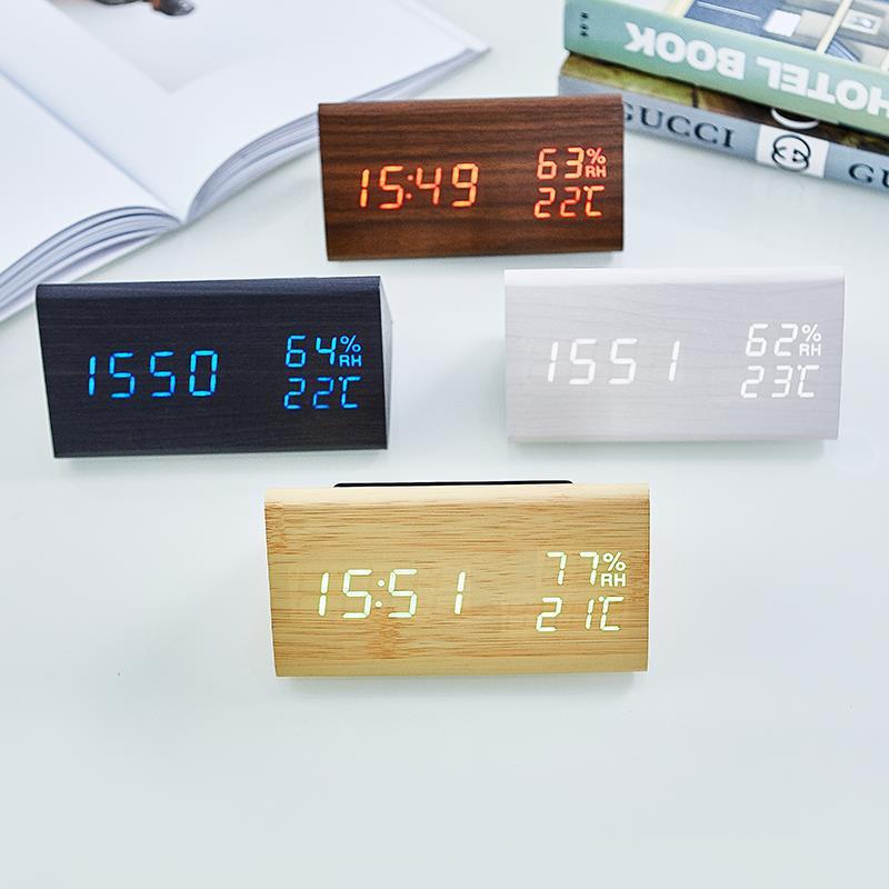 New Temperature and Humidity Multifunctional Silent Alarm Clock LED Wooden Clock Student Gift Electronic Clock