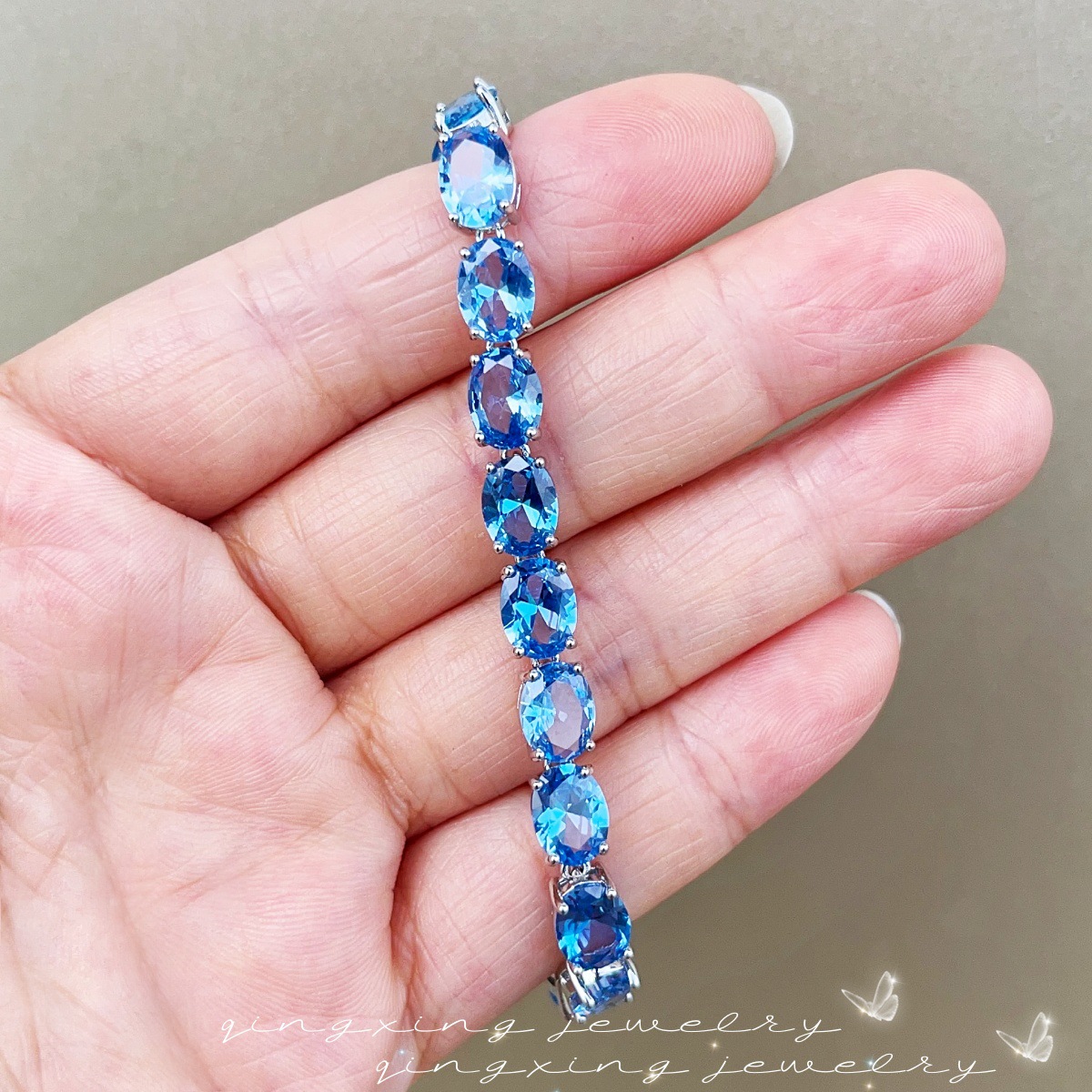 Light Sea Blue Spinel Tennis Bracelet Gradient Sea Blue Simulated Blue Topaz Simple Women's Hand Jewelry
