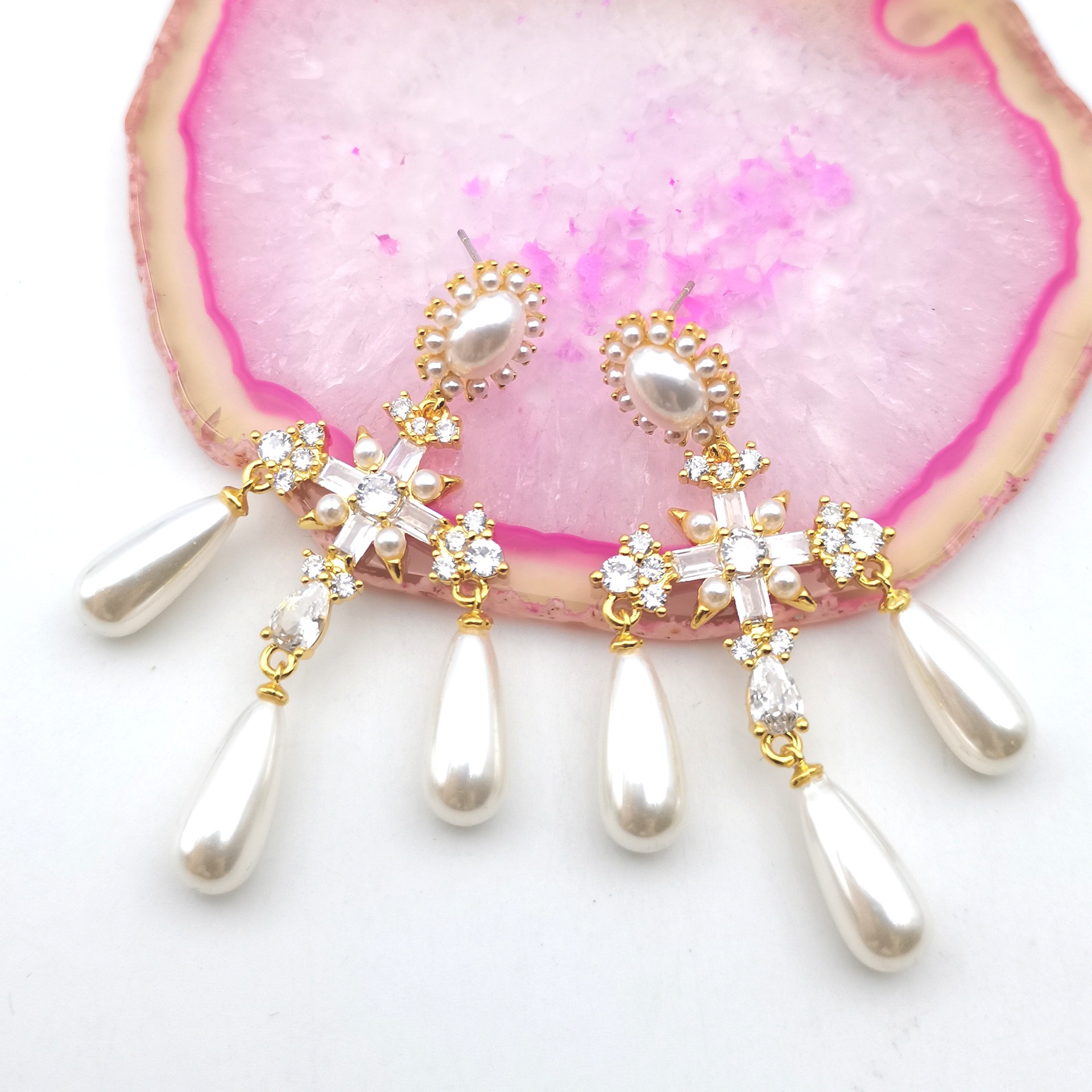 New super fairy cross drop pearl earrings S925 silver needle super fairy luxury ear jewelry